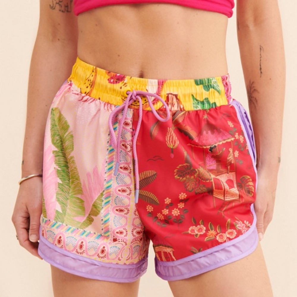 FARM Rio Mixed Scarves Drawstring Shorts, Size S